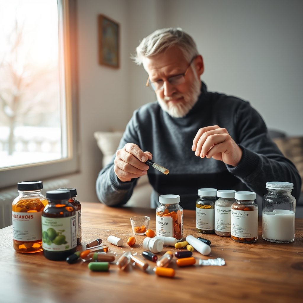 Homem maduro tomando suplementos naturais em casa durante o inverno, com vitaminas e minerais dispostos sobre uma mesa de madeira, luz natural suave entrando pela janela com vista para paisagem nevada