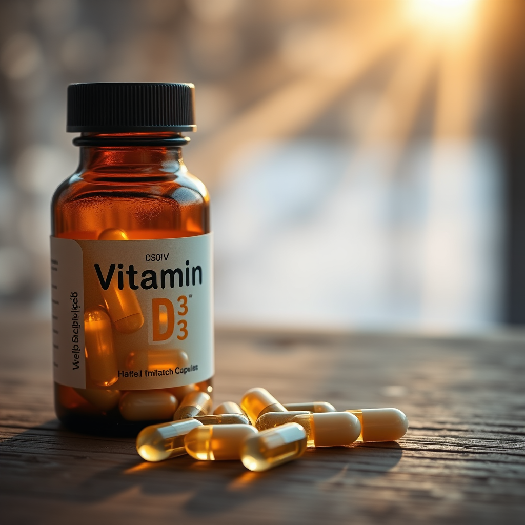Cápsulas de vitamina D3 em frasco de vidro âmbar sobre superfície de madeira, com raios de sol suaves ao fundo simbolizando a importância da vitamina do sol durante o inverno
