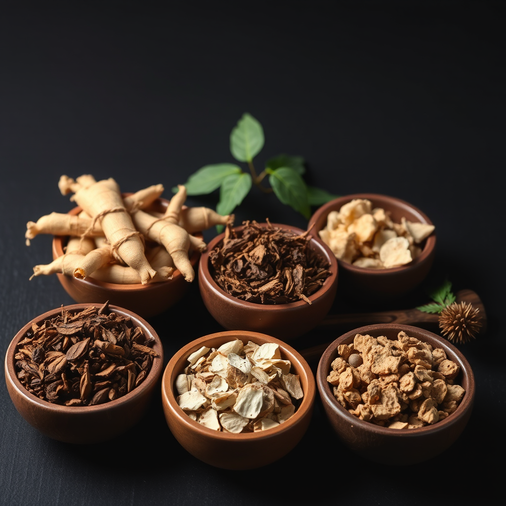 Variedade de ervas adaptógenas secas incluindo ginseng, ashwagandha e rhodiola dispostas em pequenas tigelas de madeira sobre fundo escuro, com iluminação dramática destacando as texturas naturais