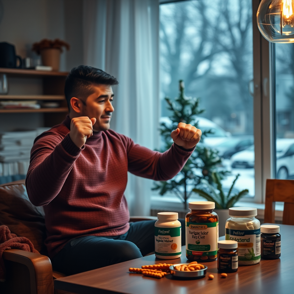 Homem fazendo exercício em casa durante o inverno, com suplementos naturais numa mesa próxima, ambiente acolhedor com luz quente, demonstrando a combinação de suplementação e atividade física